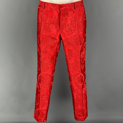 DOLCE & GABBANA Sicilia Size 44 Regular Red Jacquard Polyester Notch Lapel 3 Piece Suit