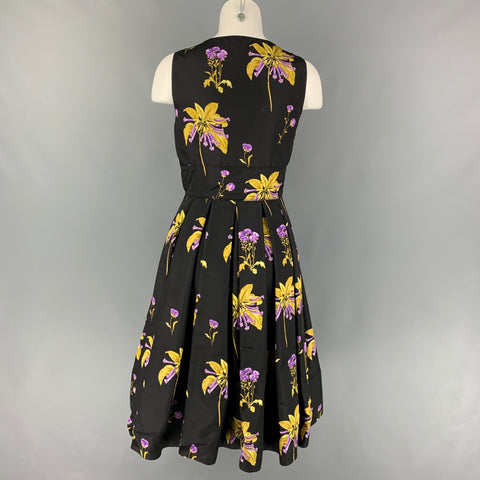 PRADA Size 4 Black Yellow Purple Floral Silk Pleated Cocktail Dress