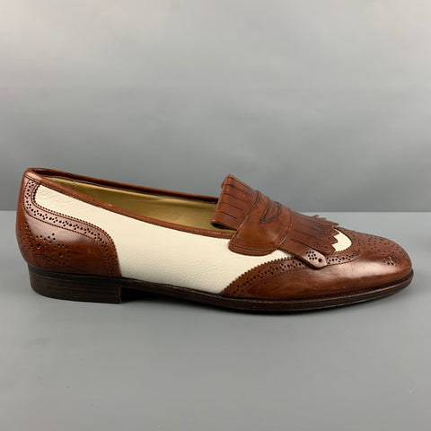 COLE HAAN Size 9.5 Brown Cream Perforated Leather Penny Loafers
