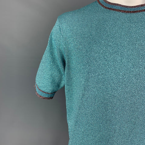 MARC JACOBS Size XL Blue Metallic Viscose Blend Short Sleeve Pullover