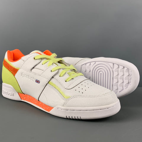 REEBOK Size 10.5 White Orange & Green Leather Lace Up Sneakers