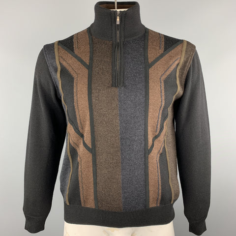DALMINE Size S Black Color Block Merino Wool Half Zip Brown Pullover