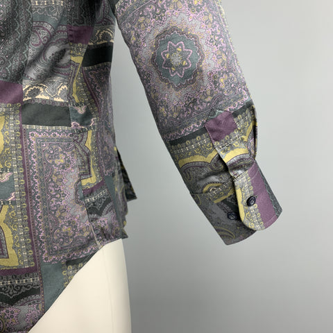 ETRO Size S Grey & Purple Print Cotton Button Up Long Sleeve Shirt