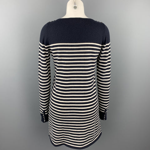 AZZARO Size 8 Navy & White Stripe Cashmere / Silk Sweater Dress
