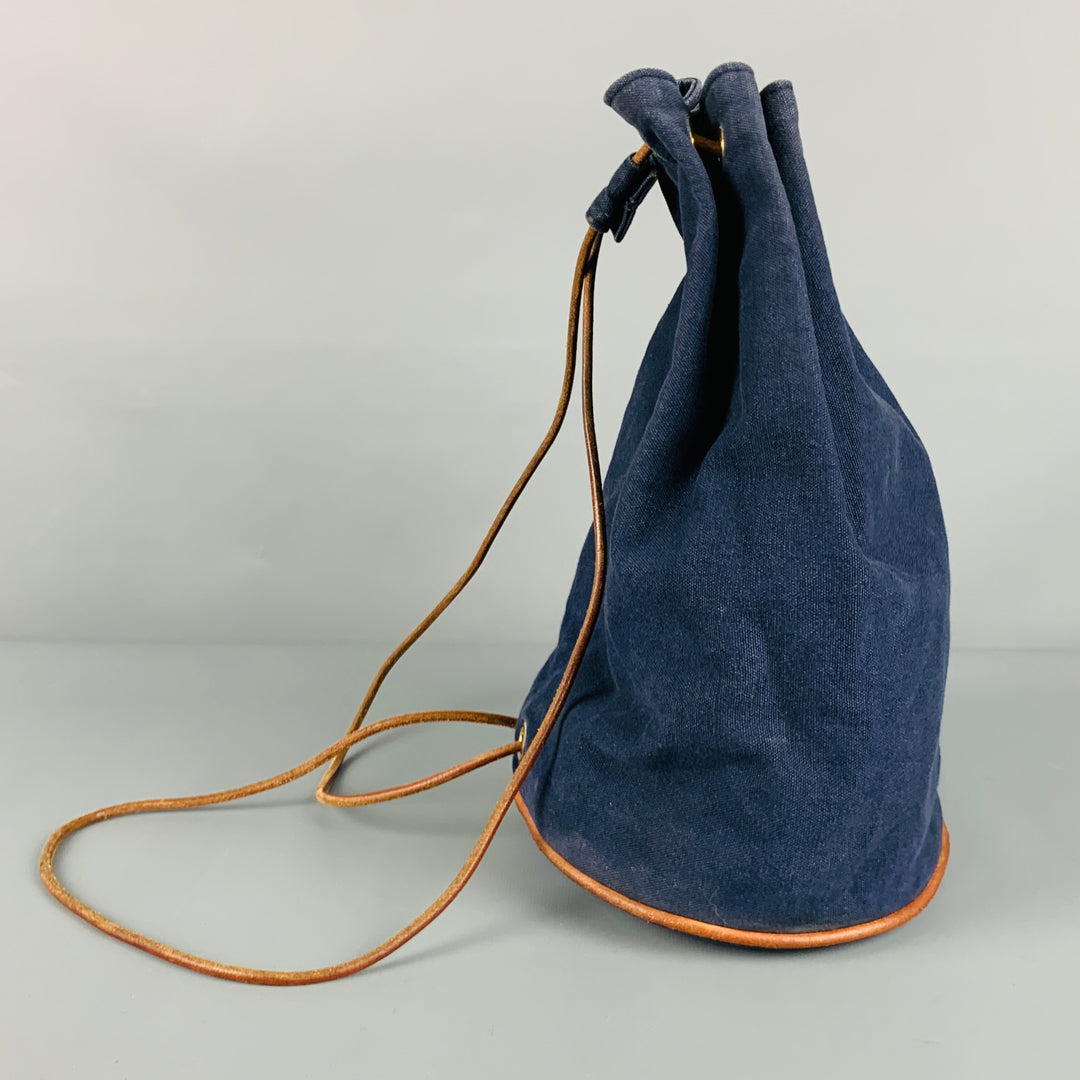 HERMES Navy Tan Cotton Leather Drawstring Bucket Bag