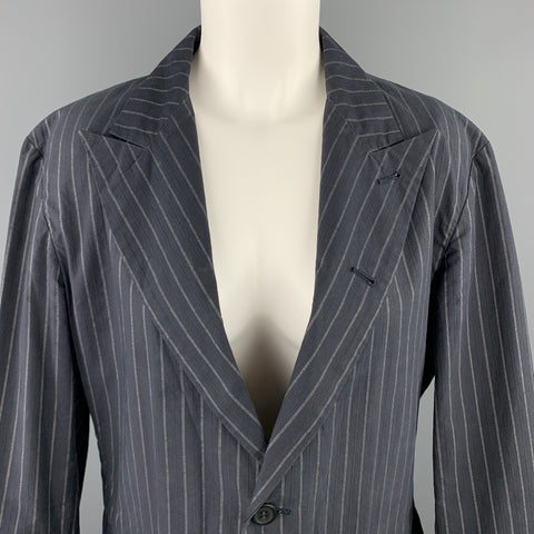 PEACHOO+KREJBERG Size L Navy Pinstriped Cotton Peak Lapel Blazer