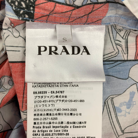 PRADA SS 18 Comic Collection Size S Red Blue Graphic Cotton Short Sleeve Shirt