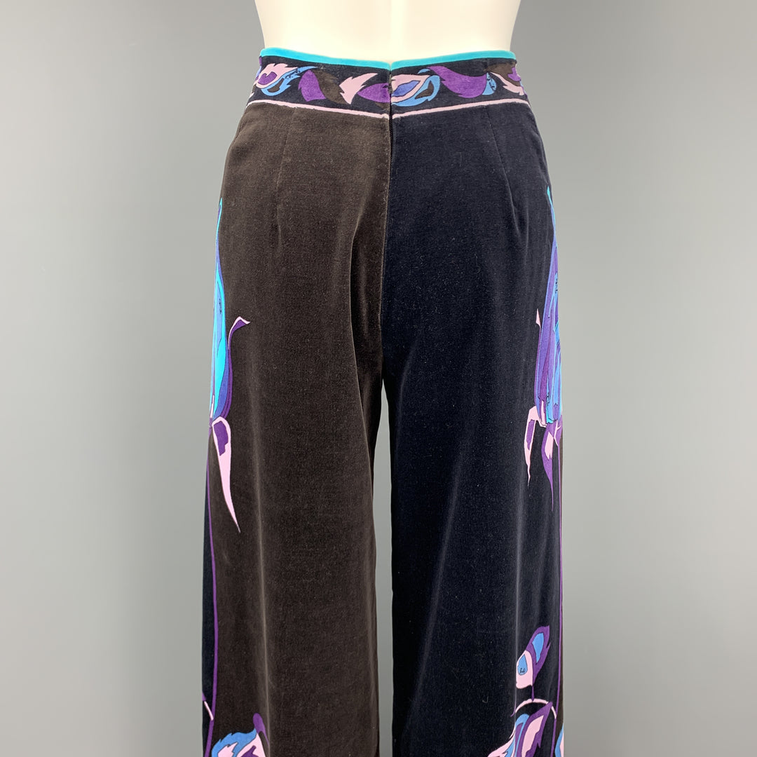 EMILIO PUCCI Vintage Tamaño 14 Negro &amp; Marrón Azul &amp; Púrpura Floral Terciopelo Pantalones