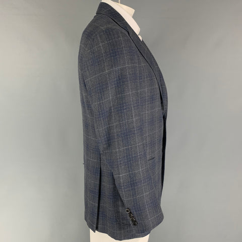 CANALI Kei Size 44 Grey Navy Plaid Wool Single Breasted Sport Coat