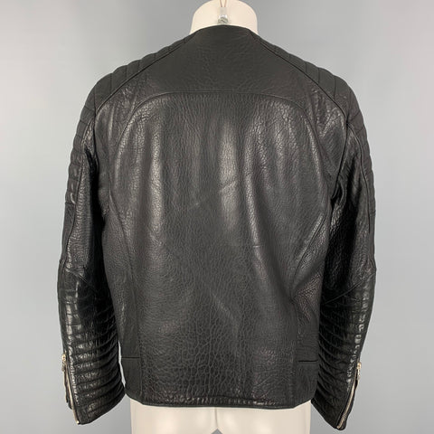 BALMAIN Taille 42 Veste de moto en cuir texturé noir à double fermeture éclair ouverte sur le devant