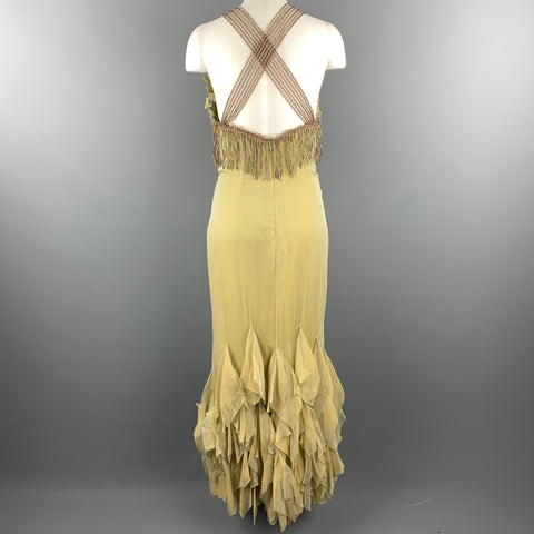 LILY SAMII Size 6 Light Green Silk Floral Beaded Lace Bustier Evening Gown