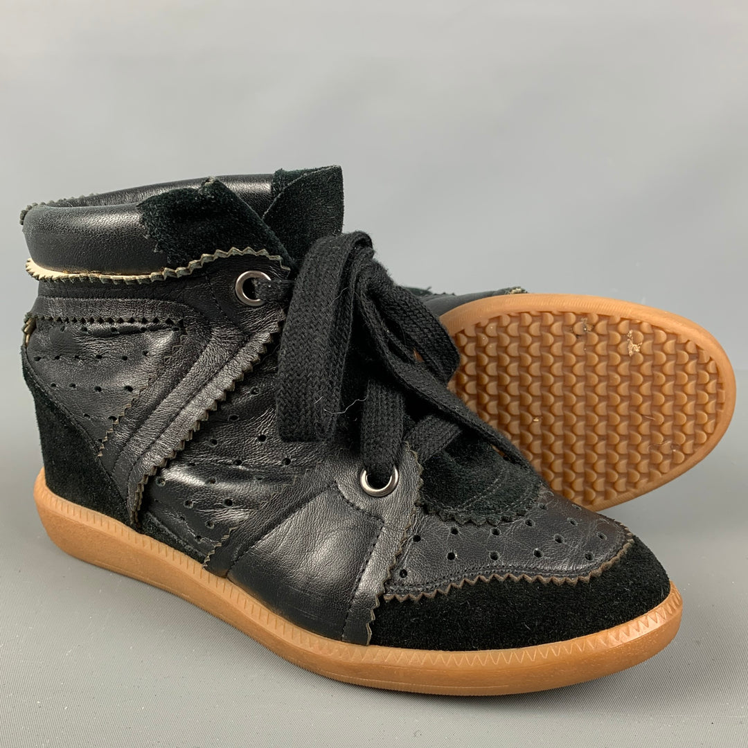 ISABEL MARANT Size 7 Black Leather Perforated Wedge Sneakers
