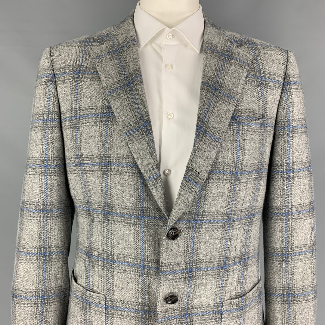 KITON Size 44 Grey Blue Plaid Cashmere Notch Lapel Sport Coat