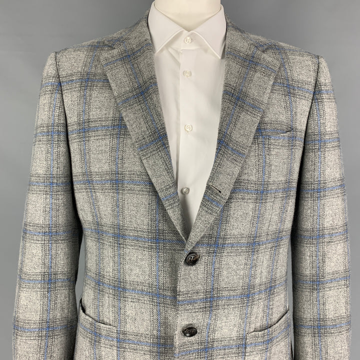 KITON Size 44 Grey Blue Plaid Cashmere Notch Lapel Sport Coat