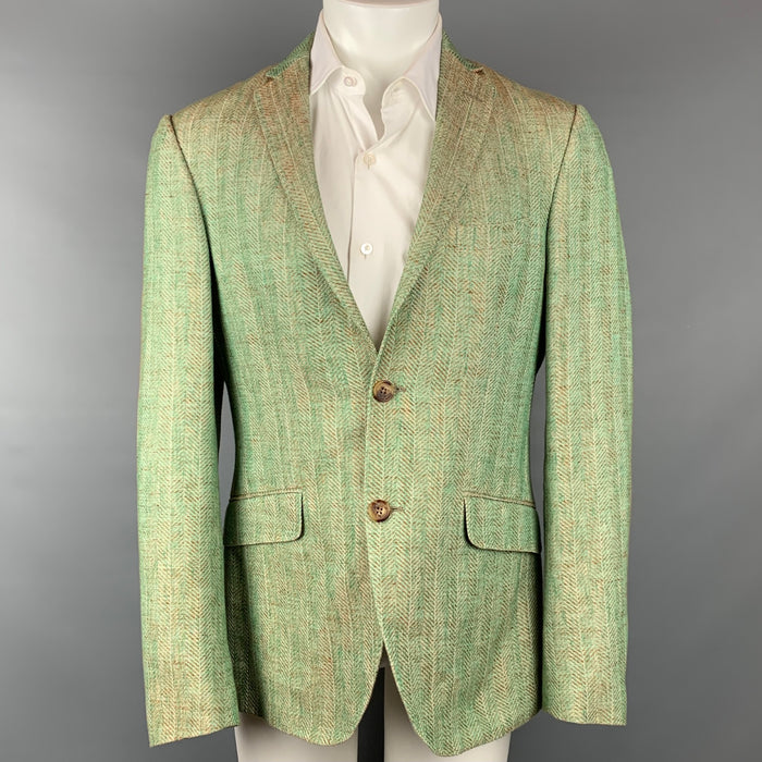 ETRO Superleggera Size 40 Green & Tan Herringbone Cotton / Linen Notch Lapel Sport Coat