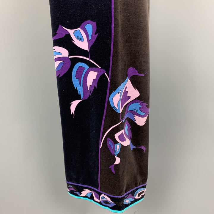 EMILIO PUCCI vintage Taille 14 Pantalon en velours floral noir &amp; marron bleu &amp; violet