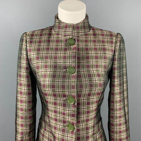 GIORGIO ARMANI Talla 2 Chaqueta con cuello Nehru en mezcla de lana a cuadros burdeos / verde