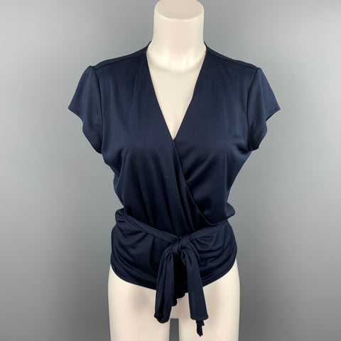 RALPH LAUREN Black Label Talla L Cárdigan de manga corta cruzado de seda de jersey azul marino