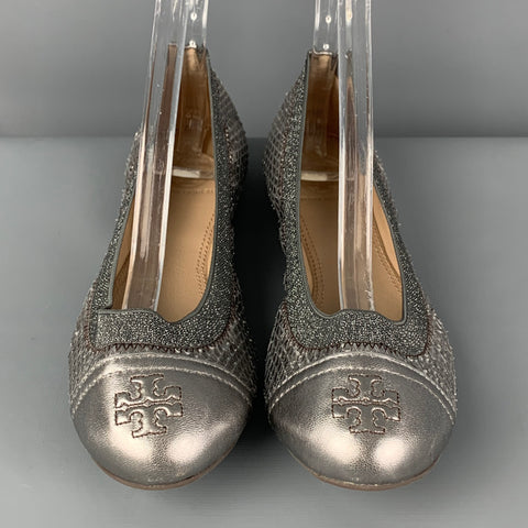 TORY BURCH Size 7 Silver Leather Textured Ballet Flats