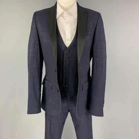 LORDS & FOOLS Size 36 Navy Black Textured Wool Blend Peak Lapel Tuxedo Suit