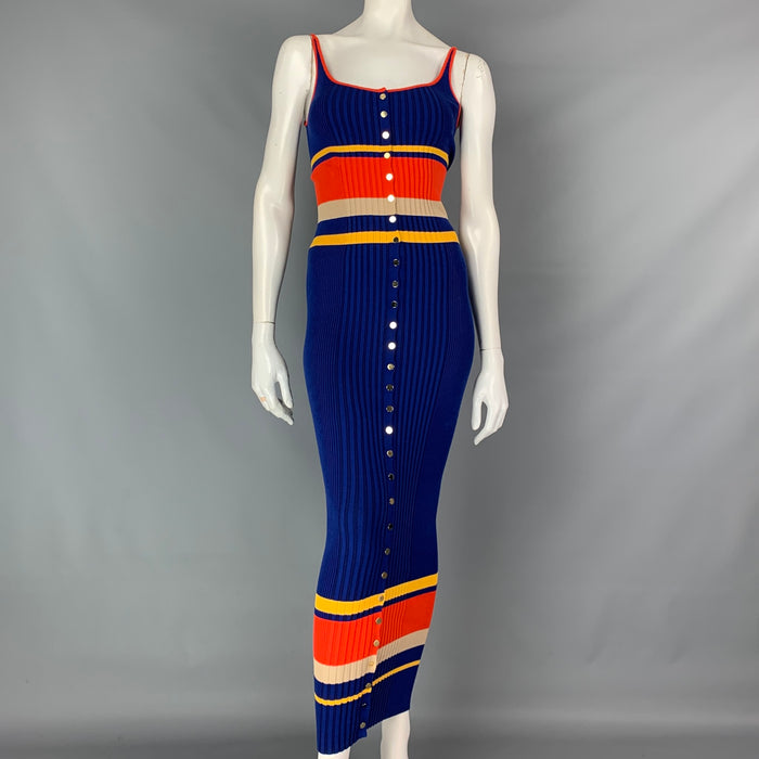 PACO RABANNE Taille XS Robe midi en coton mélangé côtelé à rayures multicolores