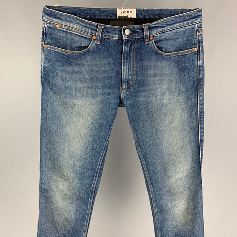 ACNE STUDIOS Talla 33 Vaqueros rectos de poliuretano y algodón con puntadas en contraste azul