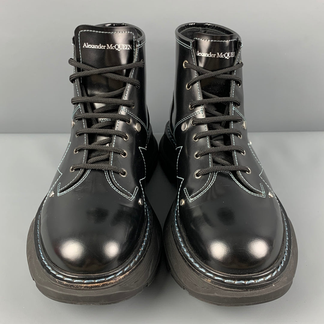 ALEXANDER MCQUEEN Size 11 Black Contrast Stitch Leather Lace Up Boots