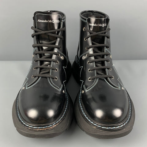 ALEXANDER MCQUEEN Talla 11 Botas con cordones de cuero con puntadas en contraste negras