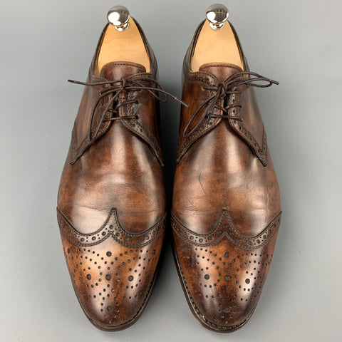 BONTONI Size 10 Brown Burnished Perforated Leather Wingtip Lace Up Shoes