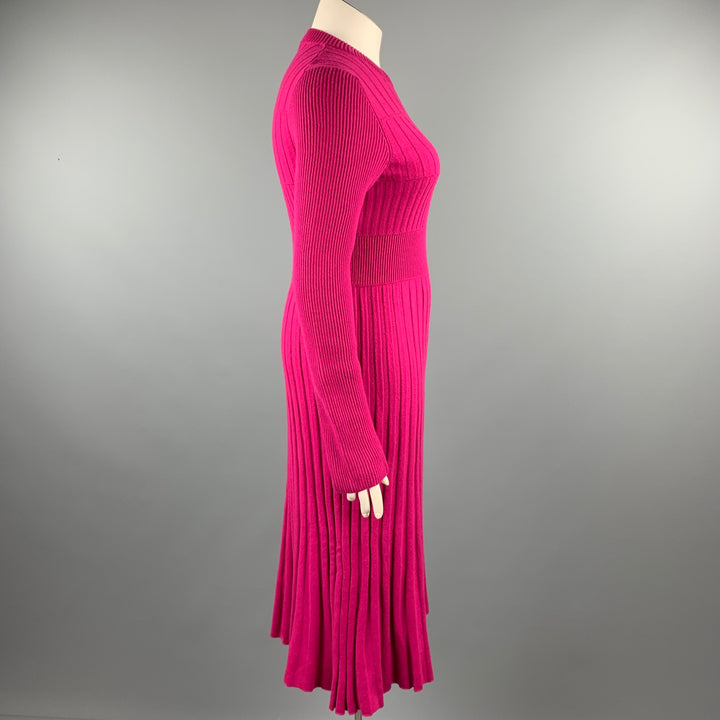 CHANEL Size 10 Fuchsia Knitted Pleated Wool Crew-Neck Sweater Dress