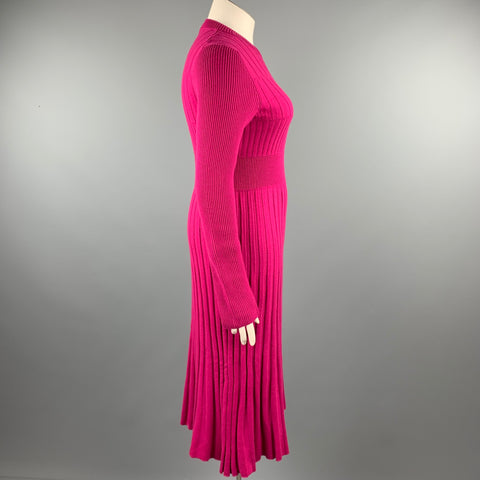CHANEL Talla 10 Vestido tipo suéter con cuello redondo y lana plisada de punto fucsia