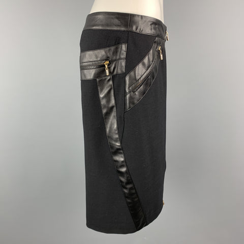 GIANNI VERSACE Size 6 Black Wool Blend Leather Trim Zip Up Pencil Skirt