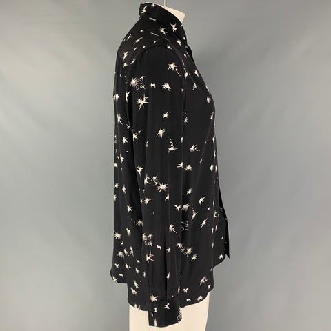 GIVENCHY Size L Black White Print Silk Button Up Long Sleeve Shirt