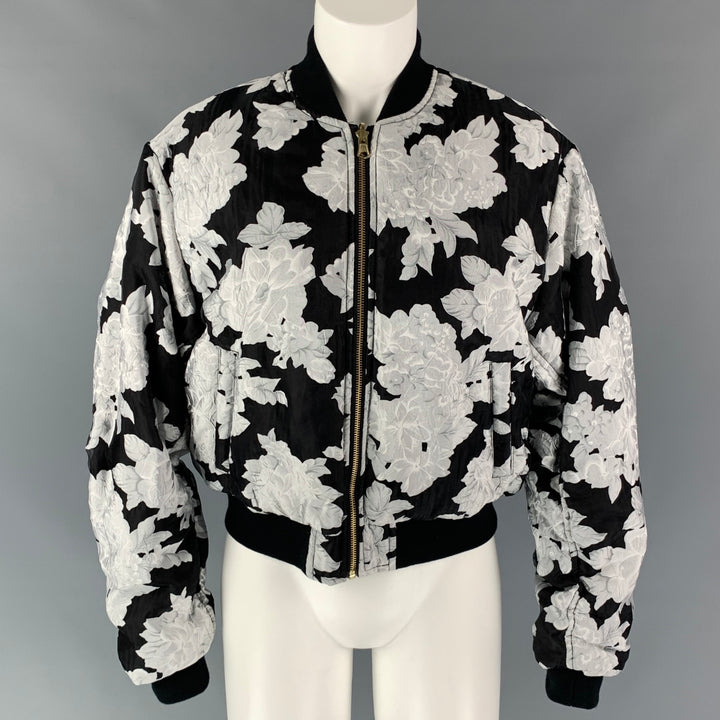 DRIFTER Size S Black & Silver Floral Polyester / Rayon Illustrious Reversible Bomber Jacket