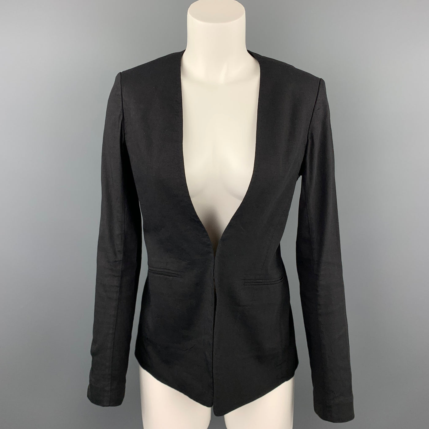 THEORY Size 4 Black Linen Blend Collarless Open Front Jacket