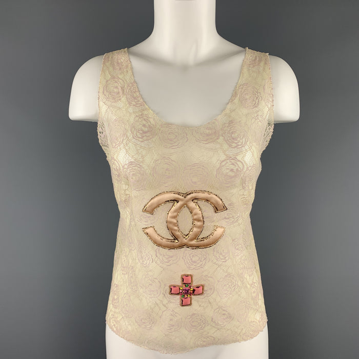 CHANEL Size 10 Beige Lace Glitter CC Pink Patch Cruise 2004 Top