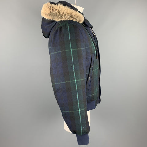 PAUL SMITH Size XL Navy & Green Plaid Wool / Cashmere Down Filled Jacket