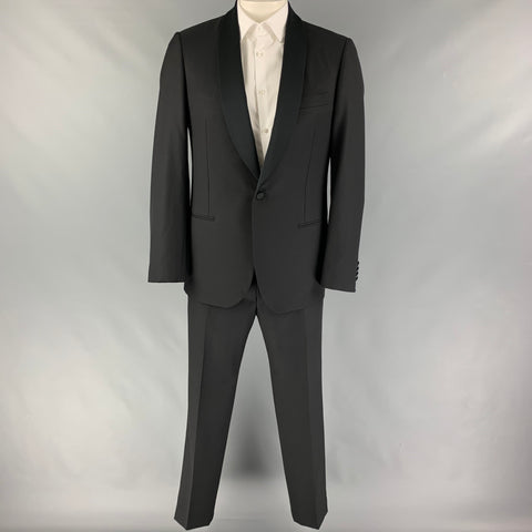 PAL ZILERI Size 40 Black Mixed Fabrics Wool Single Button Tuxedo Suit