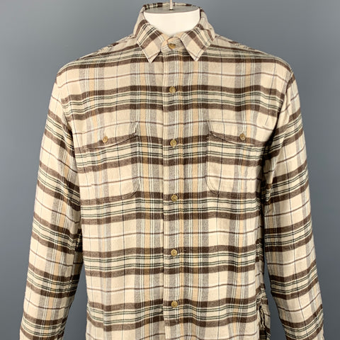 SHUTTLE NOTES Size L Cream & Brown Plaid Brushed Cotton Long Sleeve Shirt