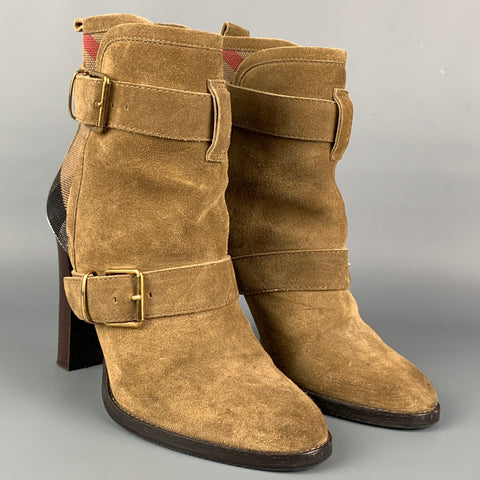 BURBERRY Size 8 Khaki Suede Ankle Strap Boots