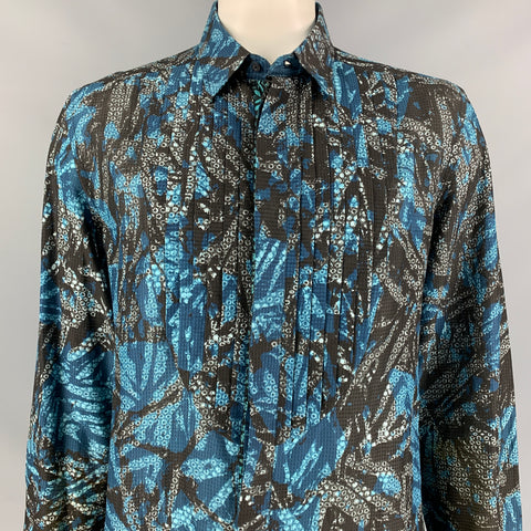 JUST CAVALLI Size XXL Blue & Black Print Cotton / Silk Tuxedo Long Sleeve Shirt