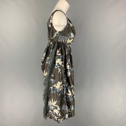 VERA WANG Taille 4 Robe froncée florale en soie crème ardoise