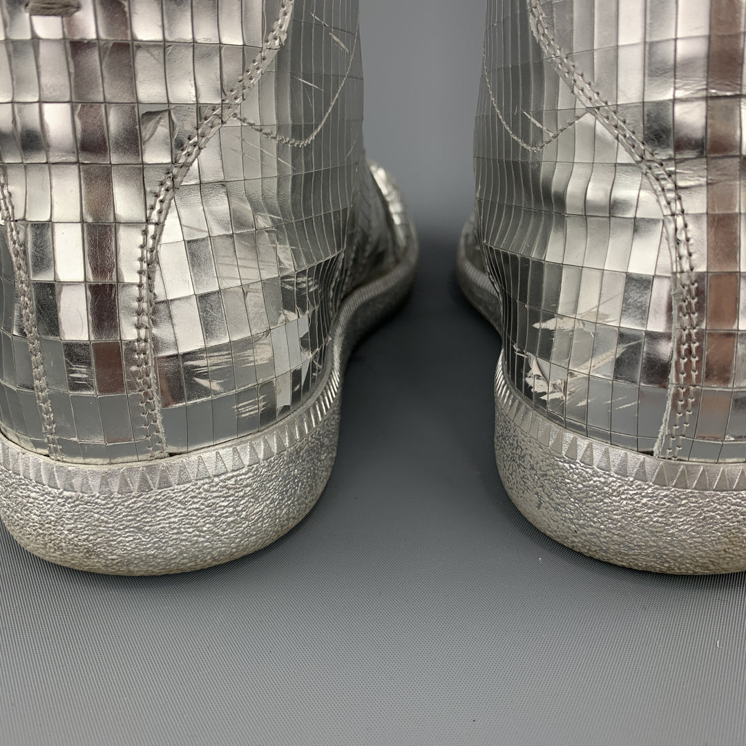 MAISON MARGIELA Size 10 Silver Metallic Leather Disco Ball High Top Sneakers