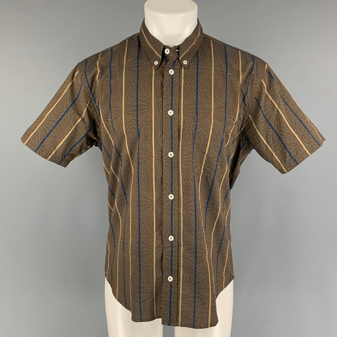 BILLY REID Size L Brown Navy Stripe Cotton Short Sleeve Shirt
