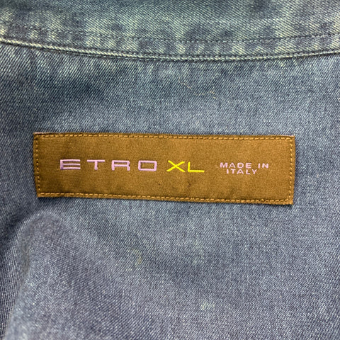 ETRO Size XL Indigo Cotton Snaps Long Sleeve Shirt