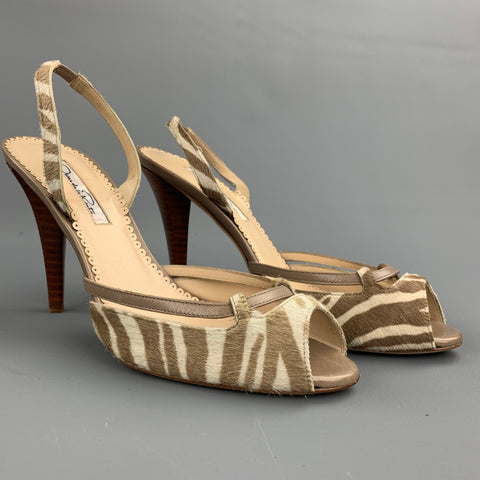 OSCAR DE LA RENTA 8.5 Zapatos de salón con tirantes en la espalda, color blanco roto y gris pardo, cebra, tigre, pelo de poni