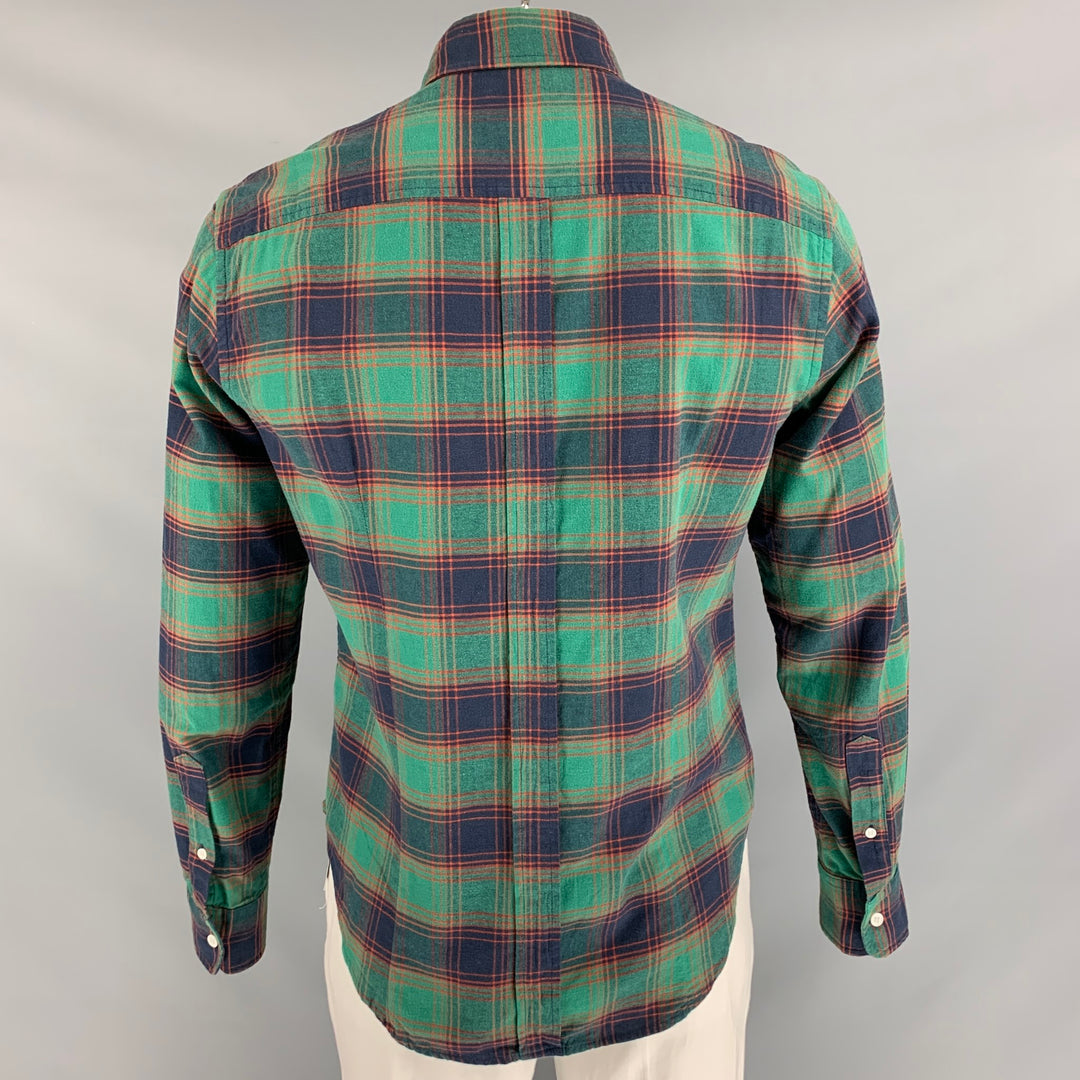 BAND OF OUTSIDERS Size L Green &  Navy Plaid Cotton Button Down Long Sleeve Shirt