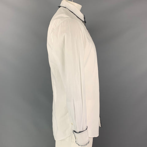 D&G by DOLCE & GABBANA Size XL White & Grey Frayed Cotton / Silk Long Sleeve Shirt