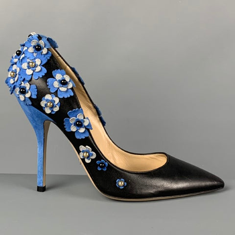 PAUL ANDREW Size 7 Black Blue Leather Floral Applique Pumps