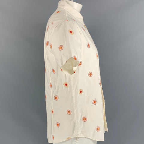 CORRIDOR Size L White Orange Linen / Cotton Short Sleeve Shirt